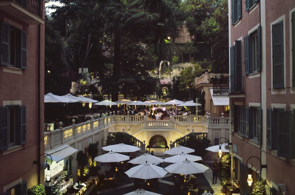 Courtyard of Hotel de Russie, Rome, Italy in the evening