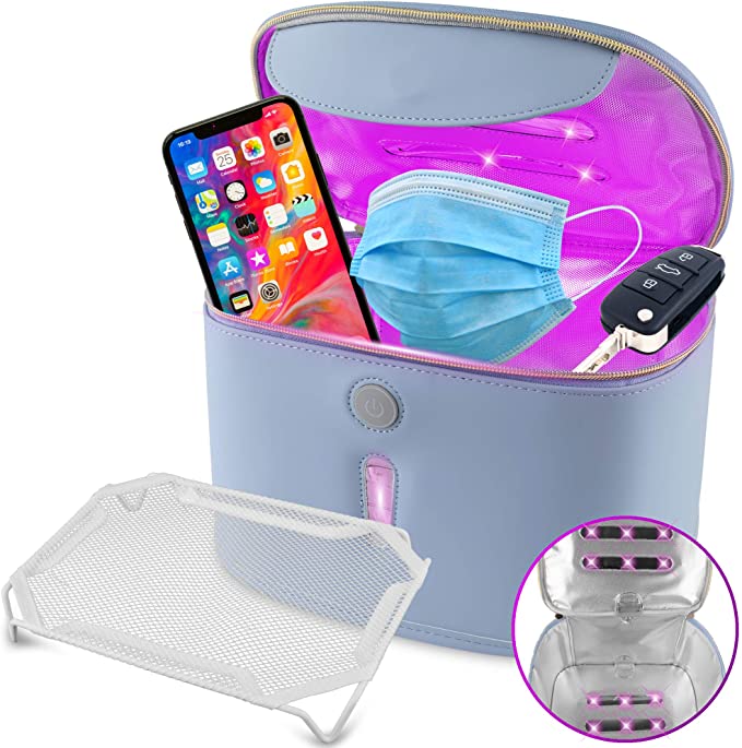 Medd Max UV Light Sanitizer Bag containing a smartphone, face masks, and car keys
