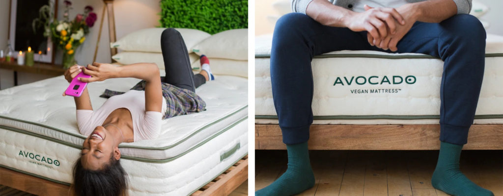 A woman laying upside-down on an Avocado mattress while looking at her phone (left) and a close up of a man's legs as he sits on an Avocado brand mattress (right)