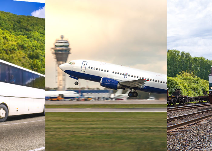 Separate images side by side of a tourist bus, an airplane taking off, and an Amtrak train