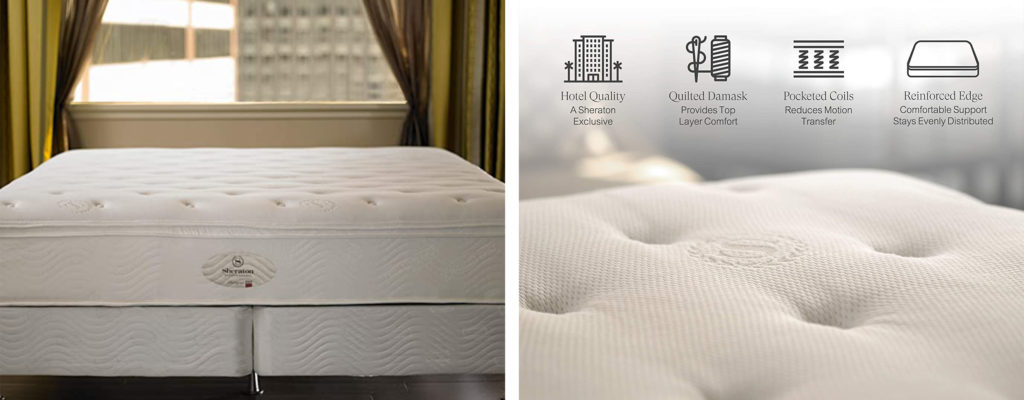 Two images side by side showing the mattress used in Sheraton hotel beds, one set up in a room (left) and the other a close up with graphics showing the various qualities of the mattress brand (right)