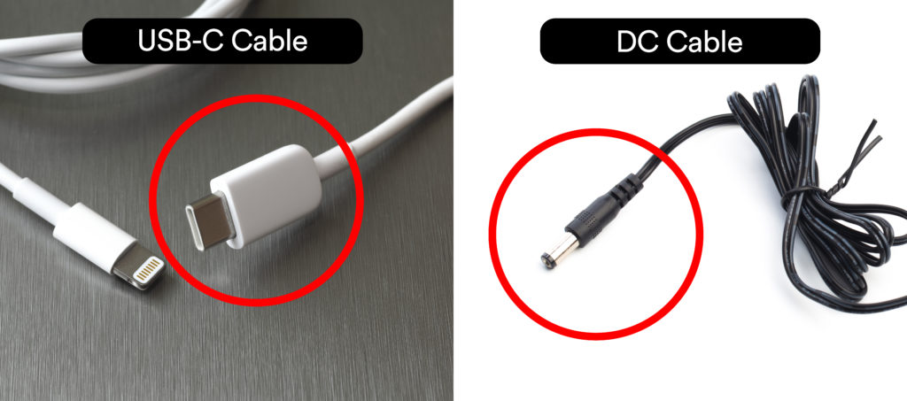 Graphic showing a USB-C power cable versus a DC power cable