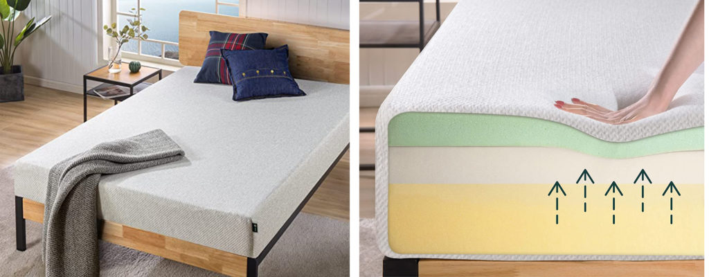 Zinus mattress set up in bedroom (left) and hand squishing down a cutaway graphic of the interior of a Zinus mattress (right)